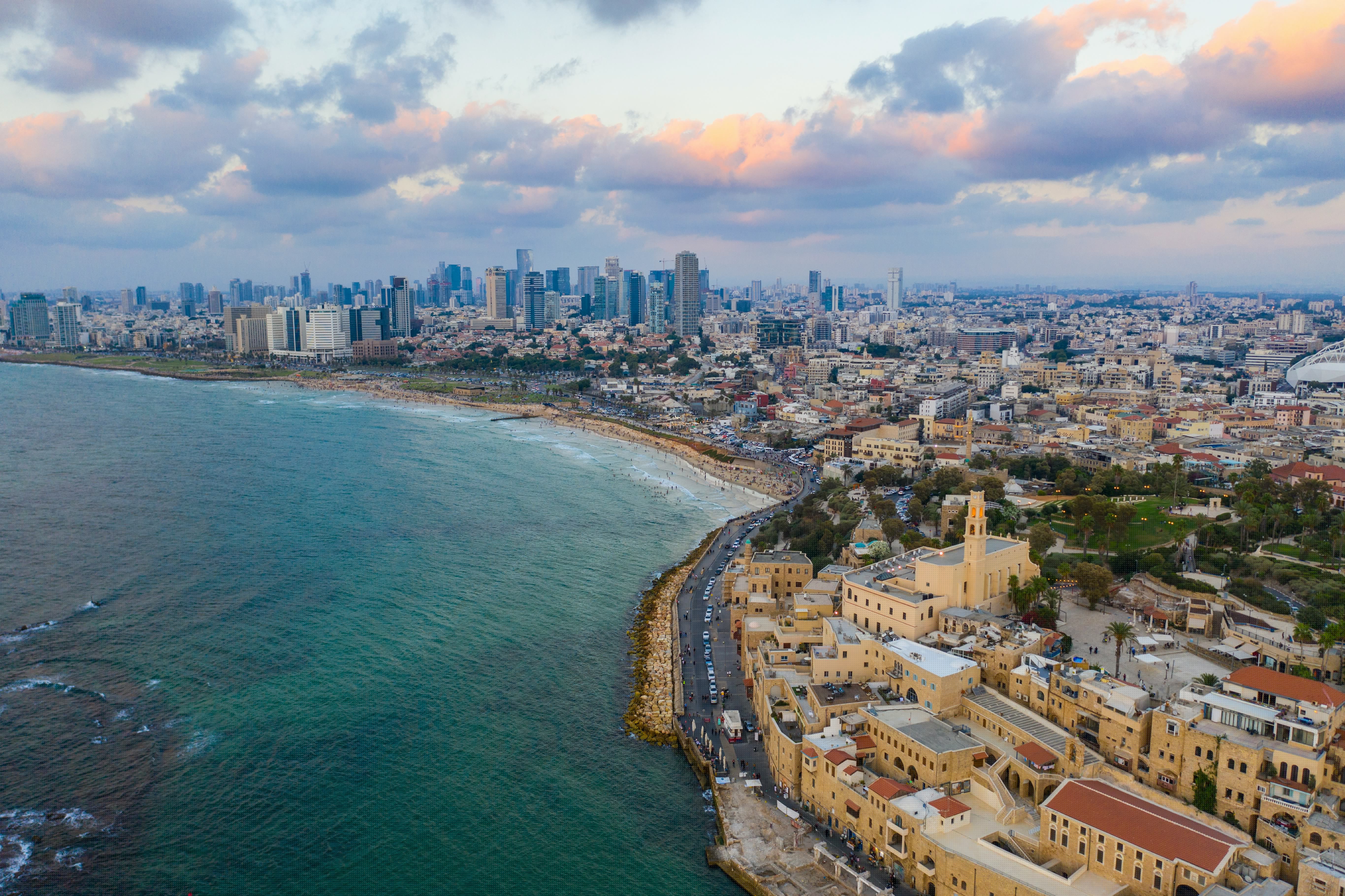Tel Aviv skyline aerial view with modern buildings and Mediterranean Sea